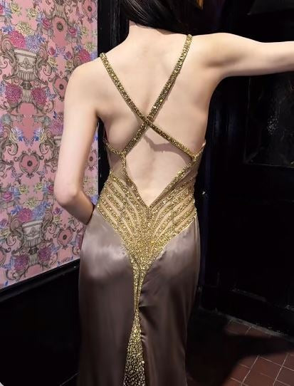 Sexy Spaghetti Strap V-Neck Satin Beaded Long Prom Dress Shiny Beaded Backless Evening Dress ED01972