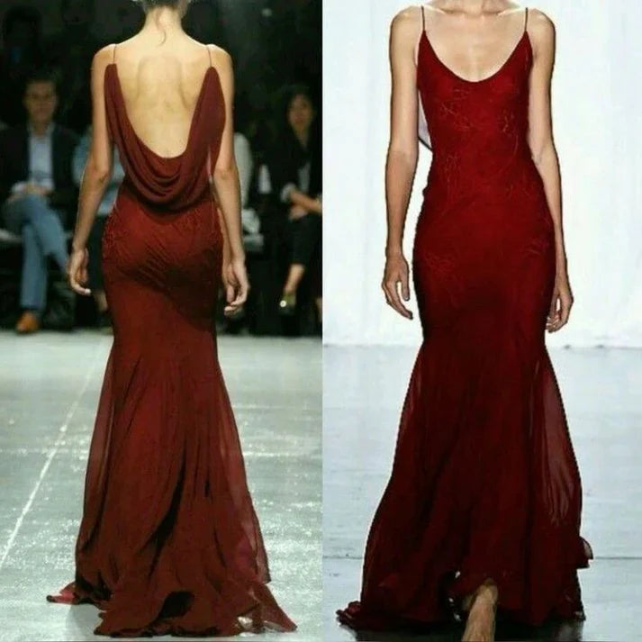 Elegant Burgundy Spaghetti Straps Mermaid Backless Chiffon Long Prom Dress ED01978