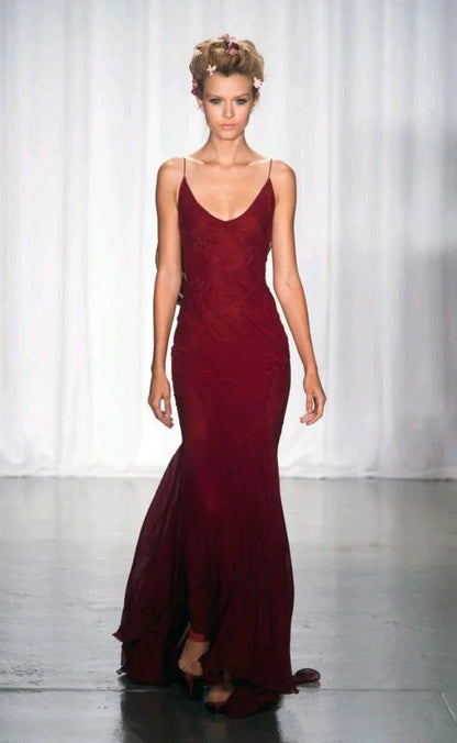 Elegant Burgundy Spaghetti Straps Mermaid Backless Chiffon Long Prom Dress ED01978