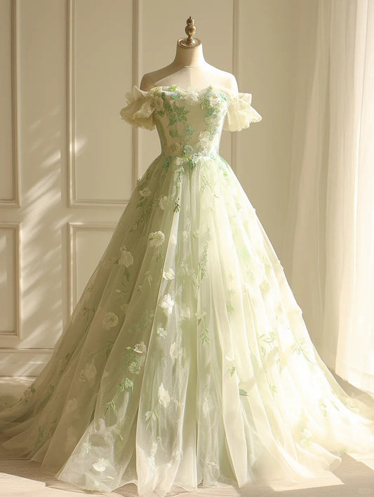 Fairytale Light Green A-Line Tulle Off-the-shoulder Applique Long Prom Dress ED01980