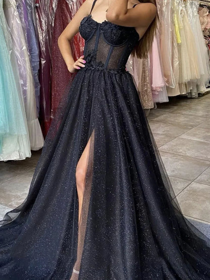 Elegant Black A-Line Tulle Sequin Long Prom Dress Spaghetti Strap Formal Evening Dress with Silt ED01981
