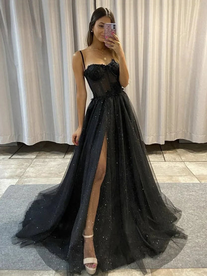 Elegant Black A-Line Tulle Sequin Long Prom Dress Spaghetti Strap Formal Evening Dress with Silt ED01981