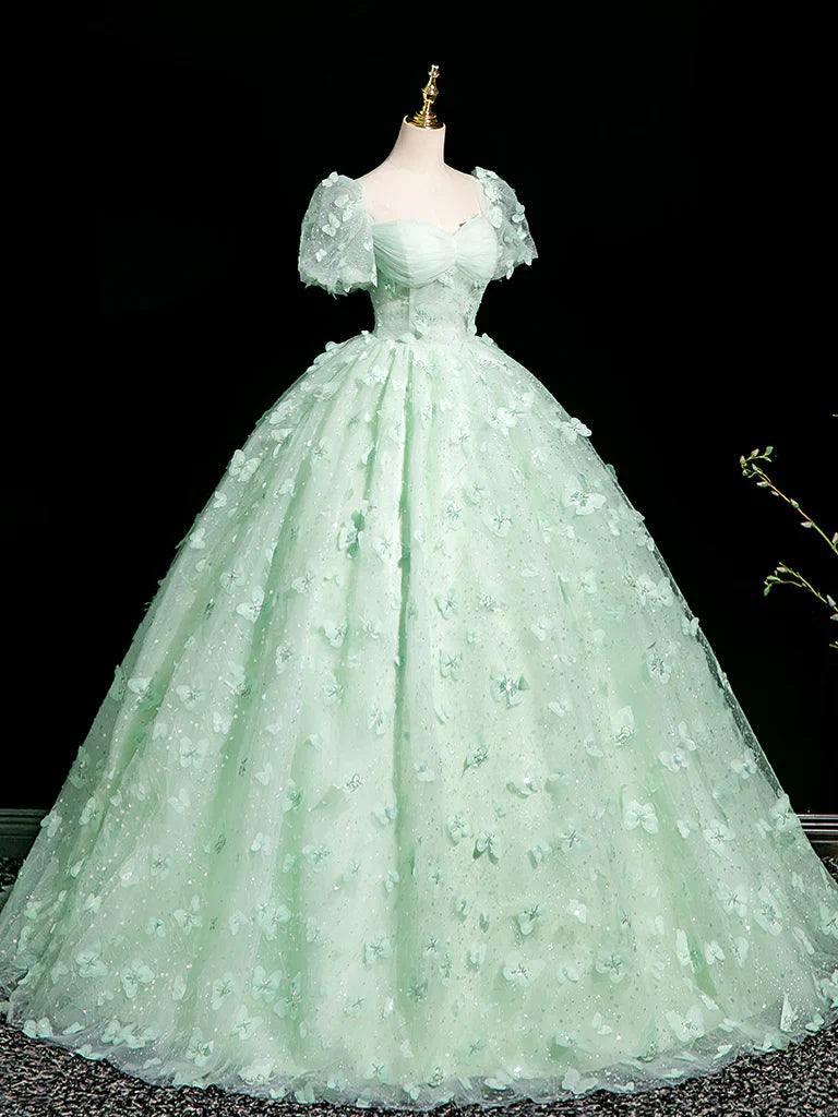 Fairytale Mint Green A-Line Puff Sleeves Tulle Lace Long Prom Dress Formal Dress ED01983
