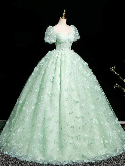 Fairytale Mint Green A-Line Puff Sleeves Tulle Lace Long Prom Dress Formal Dress ED01983