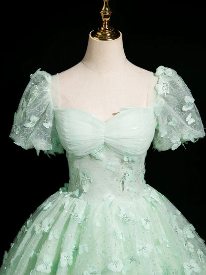 Fairytale Mint Green A-Line Puff Sleeves Tulle Lace Long Prom Dress Formal Dress ED01983