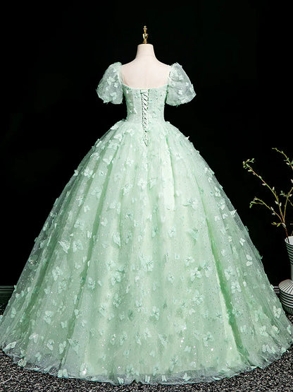 Fairytale Mint Green A-Line Puff Sleeves Tulle Lace Long Prom Dress Formal Dress ED01983