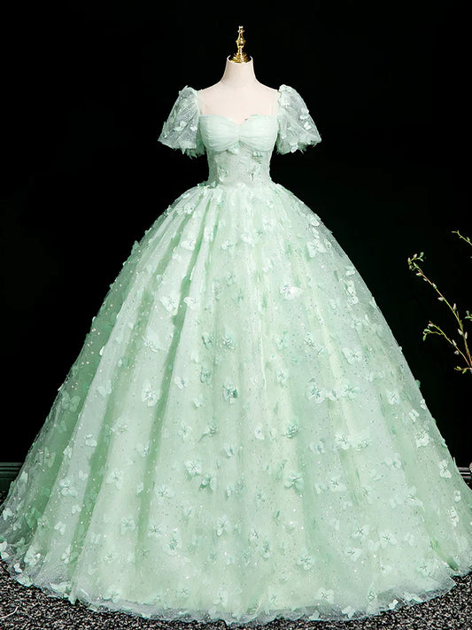 Fairytale Mint Green A-Line Puff Sleeves Tulle Lace Long Prom Dress Formal Dress ED01983