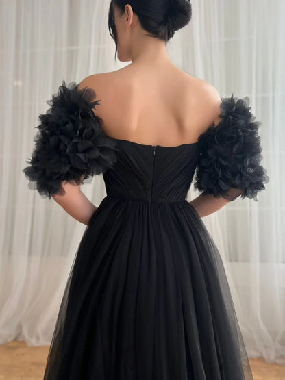 Black Sexy Off-shoulder Tulle Long Prom Dresses Elegant Formal Evening Dresses with Slits ED01984