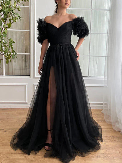 Black Sexy Off-shoulder Tulle Long Prom Dresses Elegant Formal Evening Dresses with Slits ED01984
