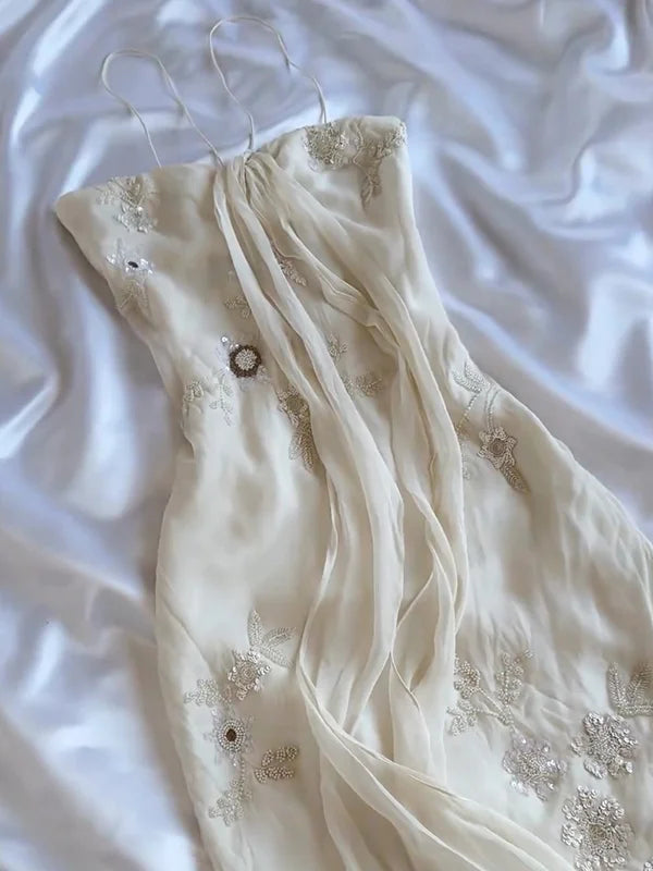 Vintage White  Spaghetti Straps Chiffon Sheath Gentle Prom Dresses with Beading ED01985