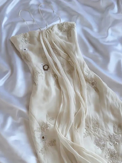 Vintage White  Spaghetti Straps Chiffon Sheath Gentle Prom Dresses with Beading ED01985