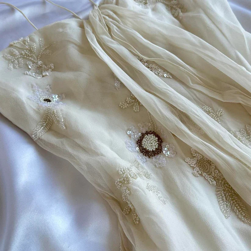 Vintage White  Spaghetti Straps Chiffon Sheath Gentle Prom Dresses with Beading ED01985