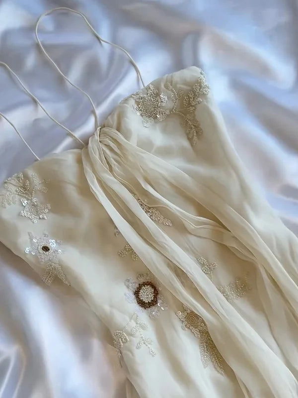 Vintage White  Spaghetti Straps Chiffon Sheath Gentle Prom Dresses with Beading ED01985