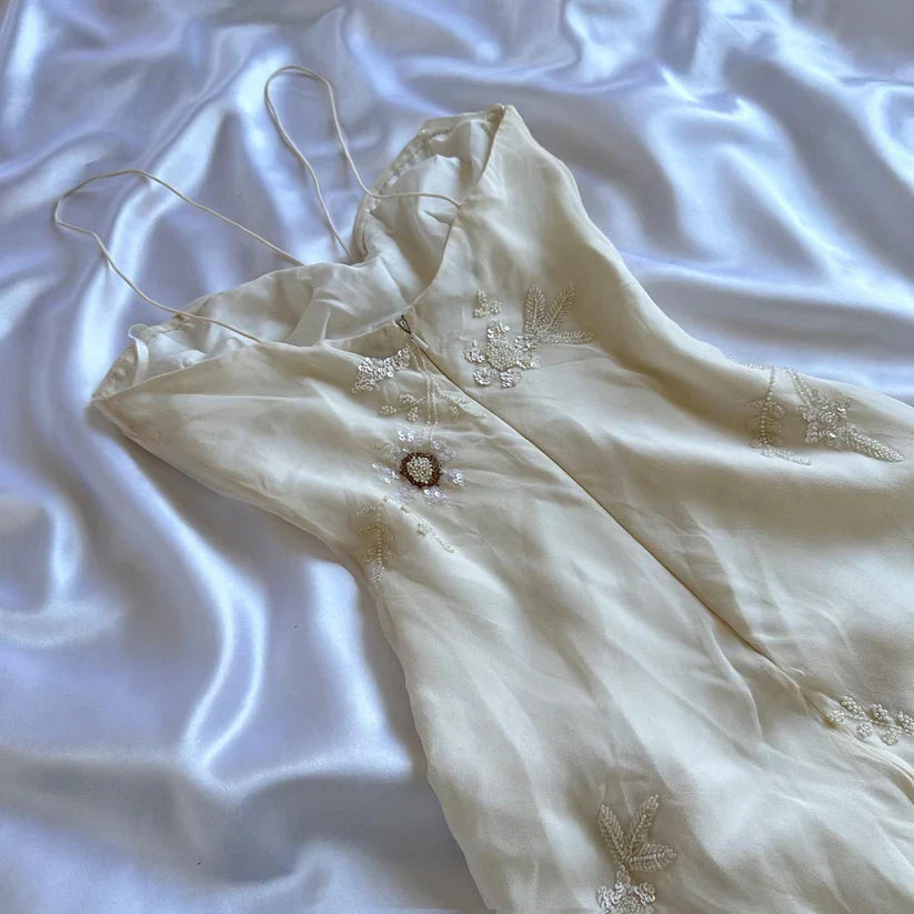 Vintage White  Spaghetti Straps Chiffon Sheath Gentle Prom Dresses with Beading ED01985