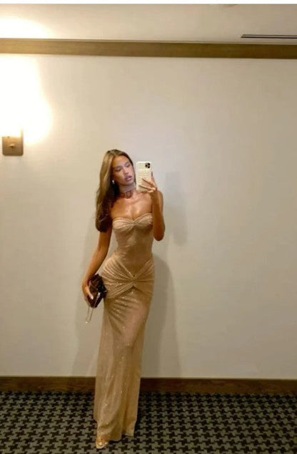 Elegant Champagne Strapless Sheath Sparkling Tulle Long Prom Dress Sexy Party Dress ED01987