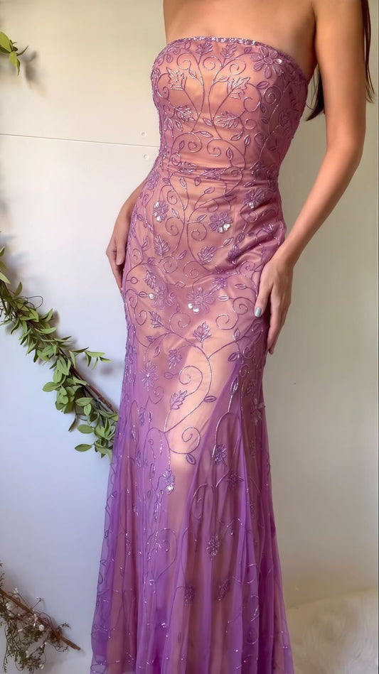 Vintage-Inspired Purple Chiffon Mermaid  Prom Dresses Elegant Beaded Sleeveless  Party Dresses ED01988