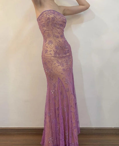 Vintage-Inspired Purple Chiffon Mermaid  Prom Dresses Elegant Beaded Sleeveless  Party Dresses ED01988