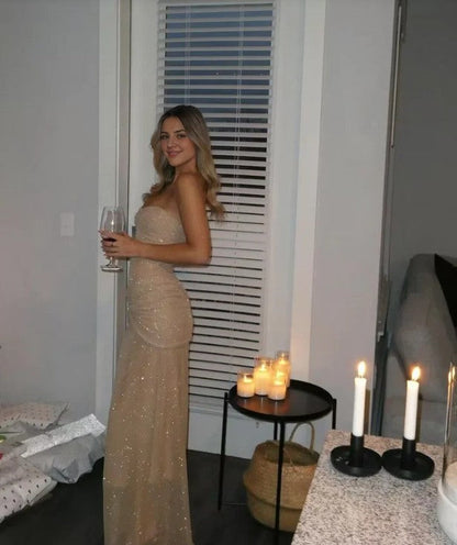 Elegant Champagne Strapless Sheath Sparkling Tulle Long Prom Dress Sexy Party Dress ED01987