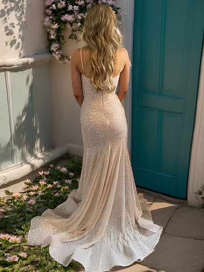 Elegant Pearl Pink Mermaid Spaghetti Straps Glitter Sequin Train Prom Dresses ED01989