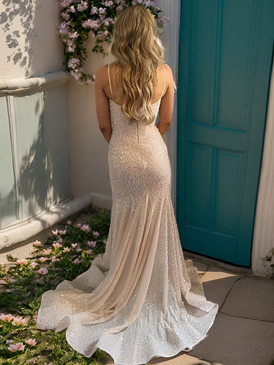 Elegant Pearl Pink Mermaid Spaghetti Straps Glitter Sequin Train Prom Dresses ED01989