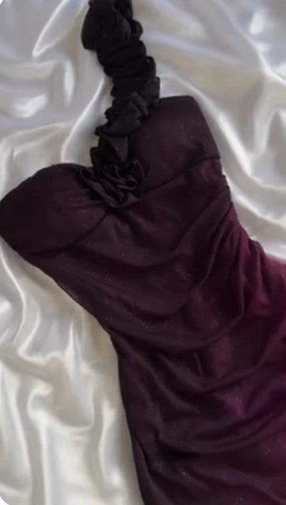 Vintage Grape One Shoulder Shiny Chiffon Sheath Elegant Party Dress with Ruffles ED01994