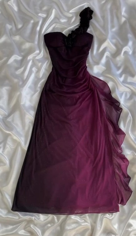 Vintage Grape One Shoulder Shiny Chiffon Sheath Elegant Party Dress with Ruffles ED01994