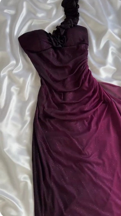 Vintage Grape One Shoulder Shiny Chiffon Sheath Elegant Party Dress with Ruffles ED01994