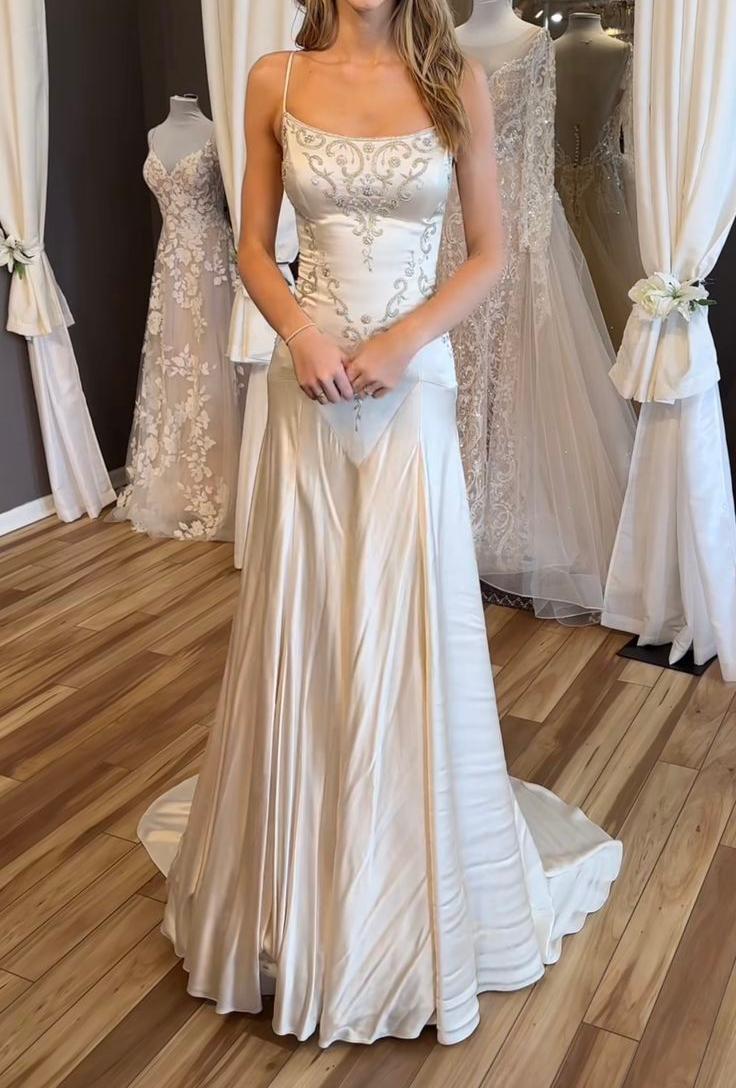 Elegant Spaghetti Straps Mermaid Satin Beading Long Prom Dress Simple Formal Evening Dress ED01995