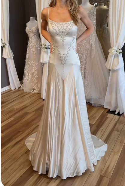 Elegant Spaghetti Straps Mermaid Satin Beading Long Prom Dress Simple Formal Evening Dress ED01995