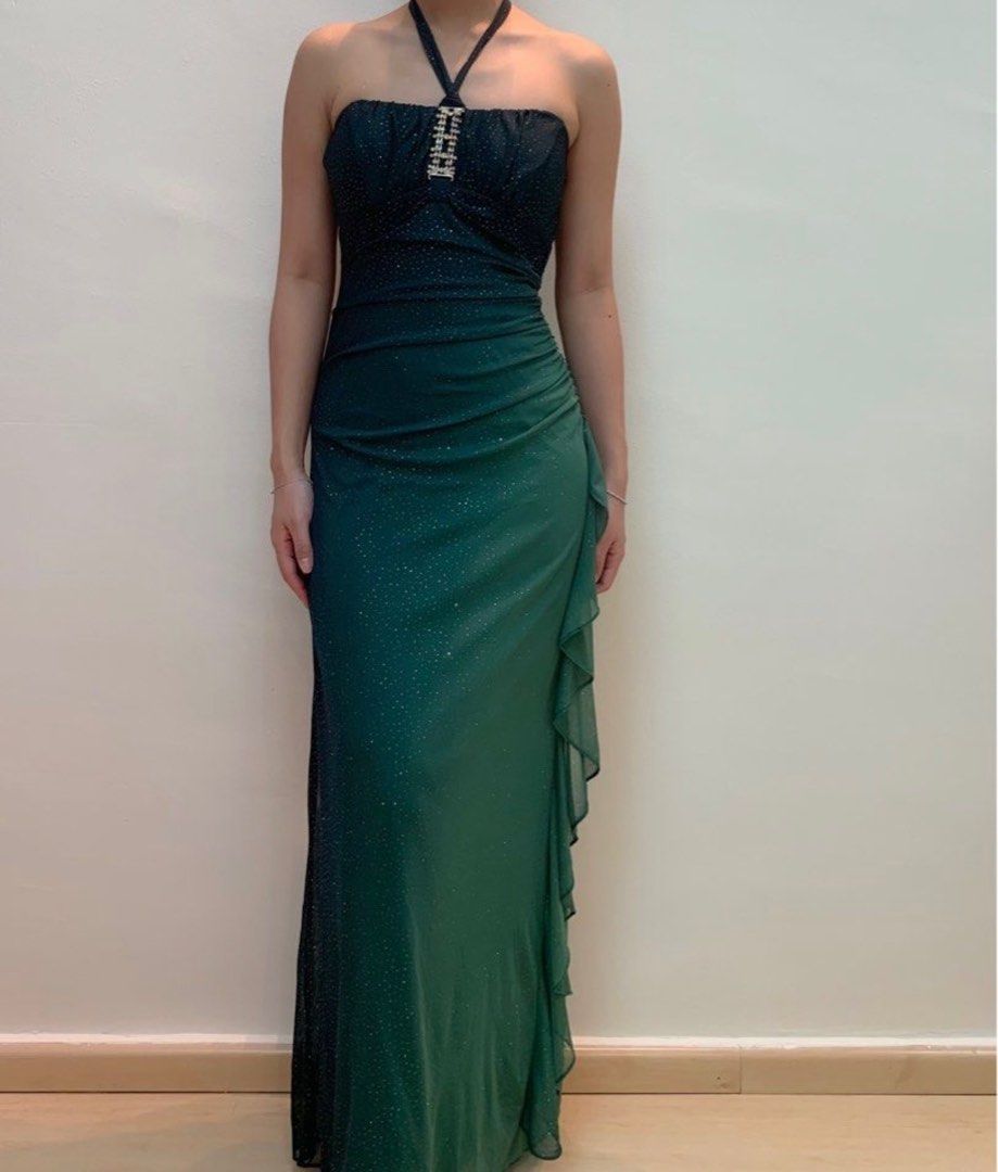 Shiny Green Chiffon Sheath Party Dress  Elegant Halter Long Evening Dress with Ruffles ED01998