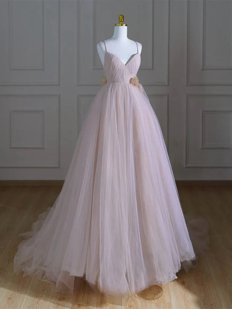 A-Line V Neck Tulle Pink Long Prom Dress, Pink Tulle Long Formal Dress ED020