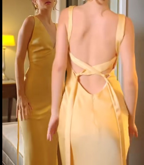 Simple Yellow Satin Sheath V Neck Backless Party Dress Sexy Elegant Evening Dress ED01999