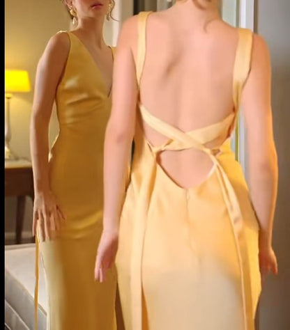 Simple Yellow Satin Sheath V Neck Backless Party Dress Sexy Elegant Evening Dress ED01999