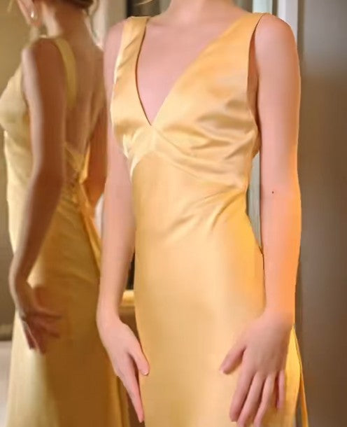 Simple Yellow Satin Sheath V Neck Backless Party Dress Sexy Elegant Evening Dress ED01999