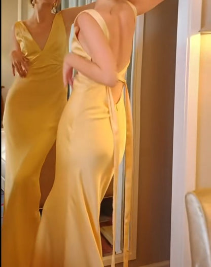 Simple Yellow Satin Sheath V Neck Backless Party Dress Sexy Elegant Evening Dress ED01999
