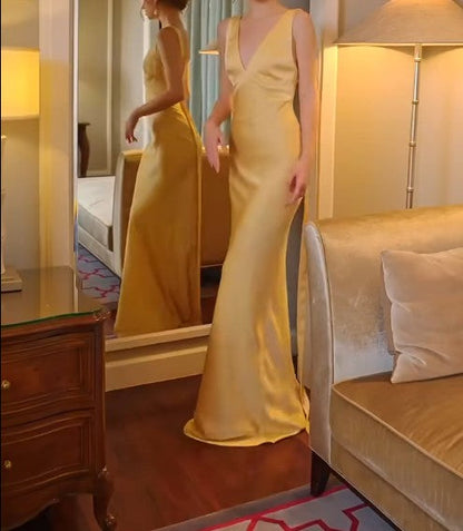 Simple Yellow Satin Sheath V Neck Backless Party Dress Sexy Elegant Evening Dress ED01999