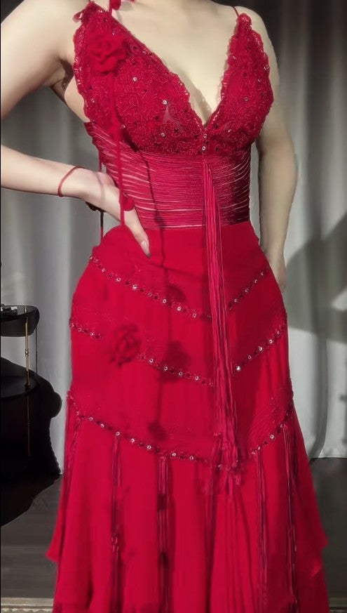 Vintage Red V-Neck A-Line Chiffon Tiered Party Dress Shiny Beaded Evening Dress ED02000