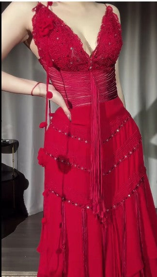 Vintage Red V-Neck A-Line Chiffon Tiered Party Dress Shiny Beaded Evening Dress ED02000