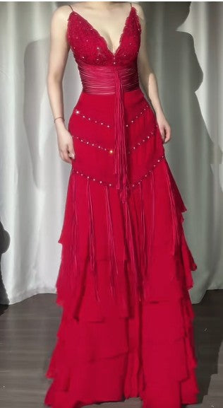 Vintage Red V-Neck A-Line Chiffon Tiered Party Dress Shiny Beaded Evening Dress ED02000