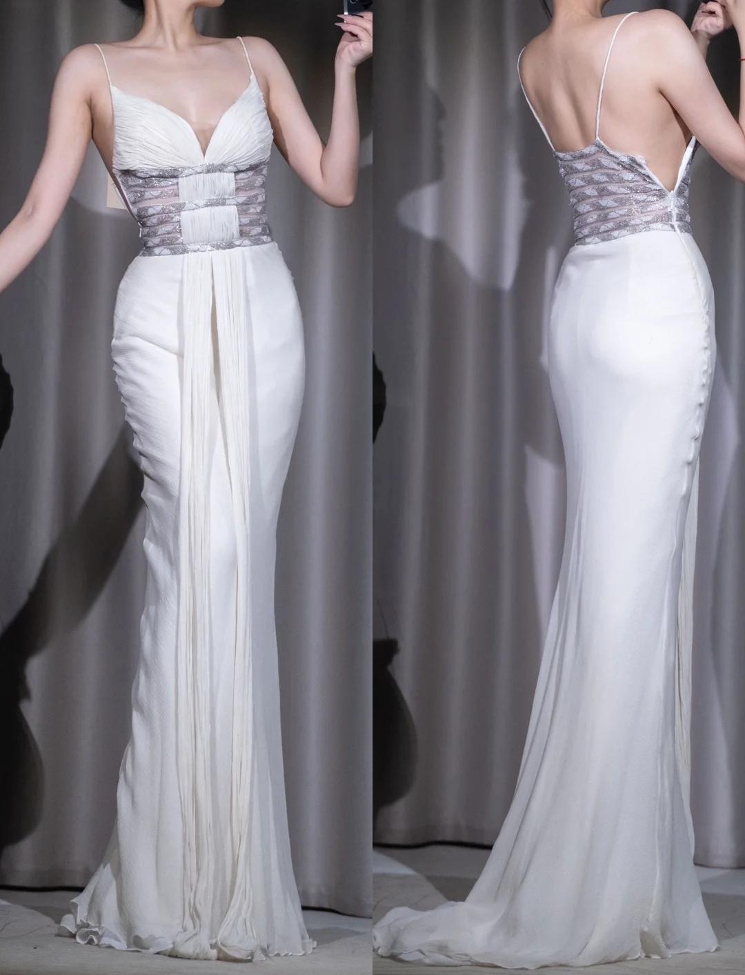 Elegant White Spaghetti Strap Mermaid Chiffon V-Neck Long Pro Dresses Vintage Backless Evening Dress ED02001