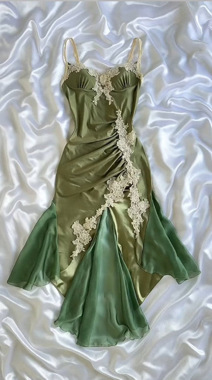 Elegant Olive Green Spaghetti Straps Satin Party Dress Vintage Lace Applique Chiffon Mermaid Evening Dress ED02004