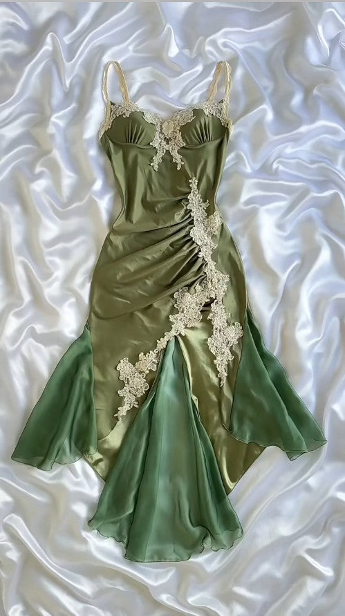 Elegant Olive Green Spaghetti Straps Satin Party Dress Vintage Lace Applique Chiffon Mermaid Evening Dress ED02004