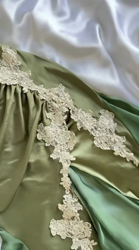 Elegant Olive Green Spaghetti Straps Satin Party Dress Vintage Lace Applique Chiffon Mermaid Evening Dress ED02004