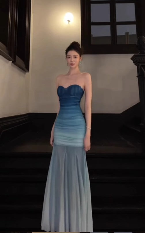 Gorgeous Gradient Blue Mermaid Sweetheart Chiffon Long Prom Dress Elegant Evening Dress ED02005