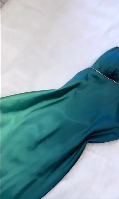 Vintage Gradient Teal V-neck Spaghetti Strap Satin Party Dresses Elegant Backless Prom Dress ED02007