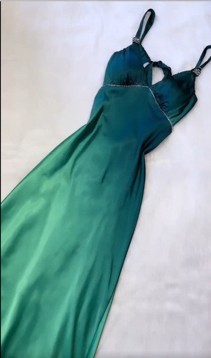 Vintage Gradient Teal V-neck Spaghetti Strap Satin Party Dresses Elegant Backless Prom Dress ED02007