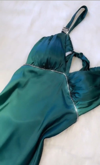 Vintage Gradient Teal V-neck Spaghetti Strap Satin Party Dresses Elegant Backless Prom Dress ED02007