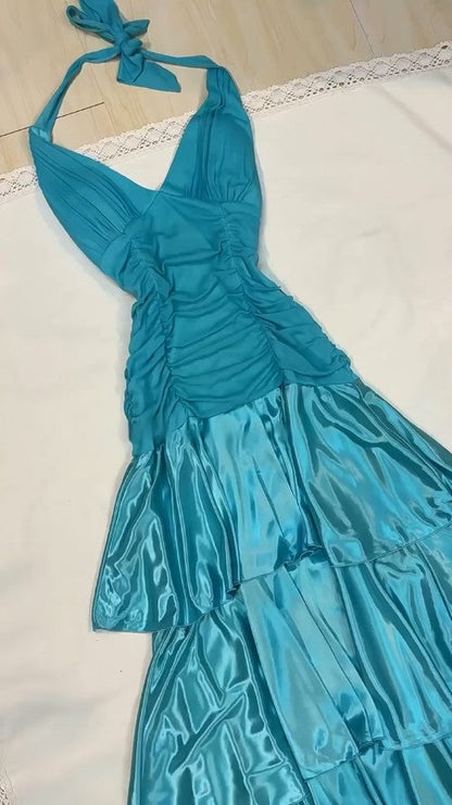 Vintage Turquoise Chiffon Halter A-line Long Prom Dresses Sweet  Backless Tiered Satin Party Dresses ED02009