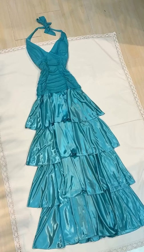 Vintage Turquoise Chiffon Halter A-line Long Prom Dresses Sweet  Backless Tiered Satin Party Dresses ED02009
