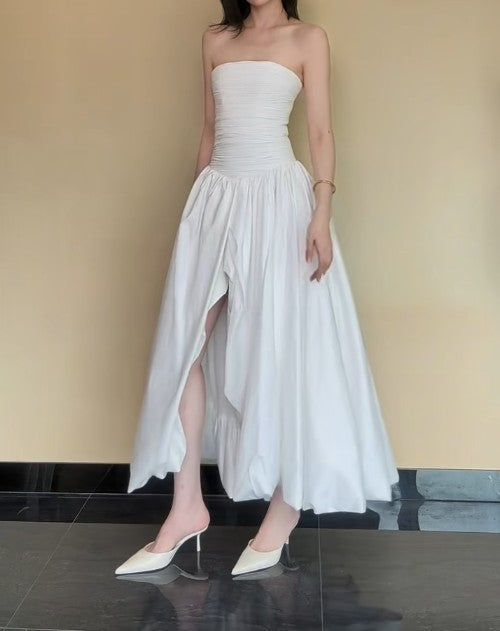 Fashion White Strapless Satin Pleated A-Line Bridesmaid Dresses Elegant Backless Evening Dresses with Slit ED02010